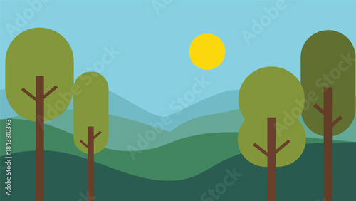 Modern flat vector forest landscape with stylized trees and layered hills in solid natural colors, ideal for nature prints, branding assets, backgrounds, and environmental projects