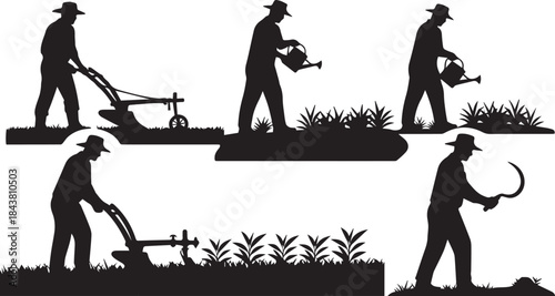 Farmers silhouette set rural agriculture work person tilling watering harvesting with sickle in field