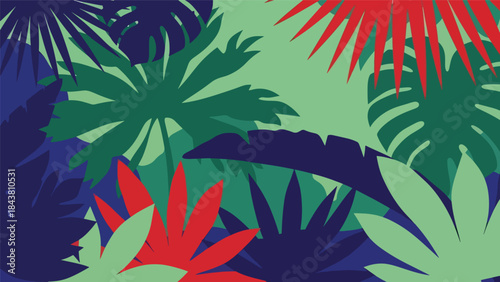 Stylized flat tropical jungle with oversized leaf silhouettes and bold solid colors, ideal for decorative prints, packaging, editorial layouts, and nature-inspired branding