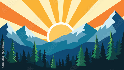 Minimal flat vector mountain scene with pine trees and rising sun in solid muted tones, ideal for posters, wallpapers, branding elements, and outdoor-themed visual assets