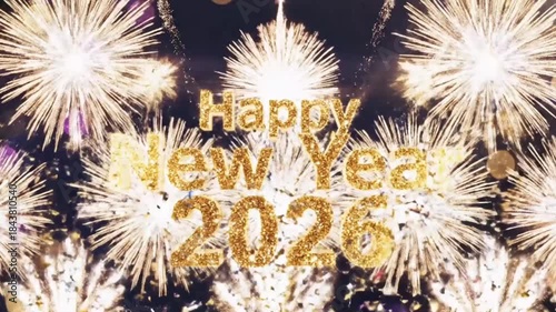 Happy New Year 2026 Fireworks Confetti Festive Motion Graphics Celebration Video