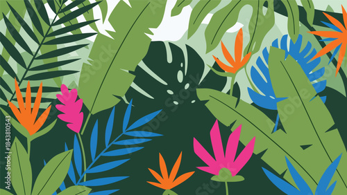 Stylized flat tropical jungle with oversized leaf silhouettes and bold solid colors, ideal for decorative prints, packaging, editorial layouts, and nature-inspired branding