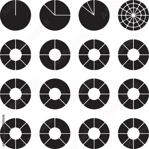Black and white circular patterns with varying segment divisions and central holes also transparent background
