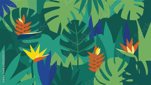 Stylized flat tropical jungle with oversized leaf silhouettes and bold solid colors, ideal for decorative prints, packaging, editorial layouts, and nature-inspired branding