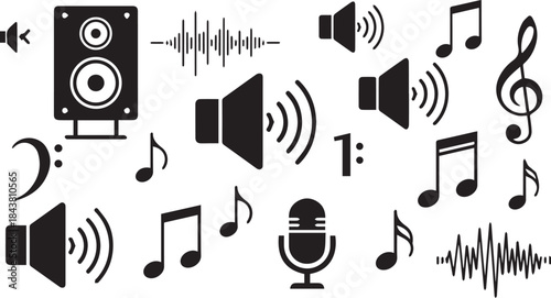 Collection of music and audio icons featuring speakers notes soundwaves and microphone graphics