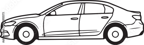 Black and white line of a four-door sedan car with detailed wheels and windows also transparent background