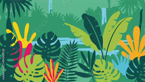Stylized flat tropical jungle with oversized leaf silhouettes and bold solid colors, ideal for decorative prints, packaging, editorial layouts, and nature-inspired branding