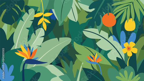 Stylized flat tropical jungle with oversized leaf silhouettes and bold solid colors, ideal for decorative prints, packaging, editorial layouts, and nature-inspired branding