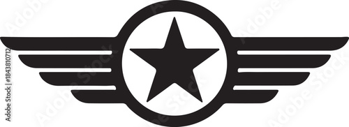 Black aviation badge with a star and wings symbol also transparent background