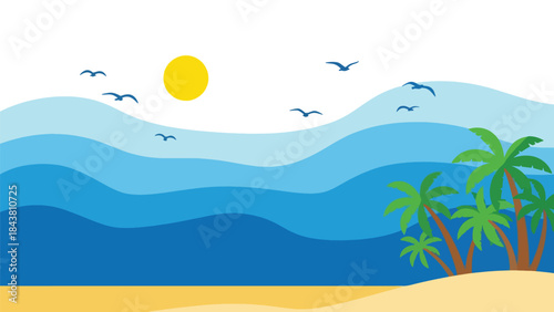 Calm flat vector seascape with layered waves, sun, and soft geometric curves in solid colors, ideal for coastal posters, meditation visuals, branding, and minimalist decor