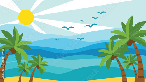 Calm flat vector seascape with layered waves, sun, and soft geometric curves in solid colors, ideal for coastal posters, meditation visuals, branding, and minimalist decor