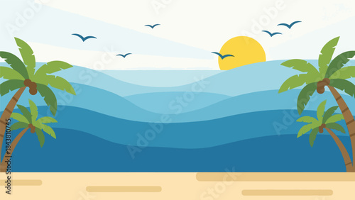 Calm flat vector seascape with layered waves, sun, and soft geometric curves in solid colors, ideal for coastal posters, meditation visuals, branding, and minimalist decor