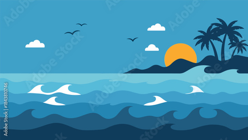 Calm flat vector seascape with layered waves, sun, and soft geometric curves in solid colors, ideal for coastal posters, meditation visuals, branding, and minimalist decor