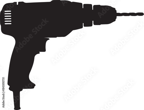 Black Silhouette of a Handheld Power Drill with Battery Pack also transparent background white background