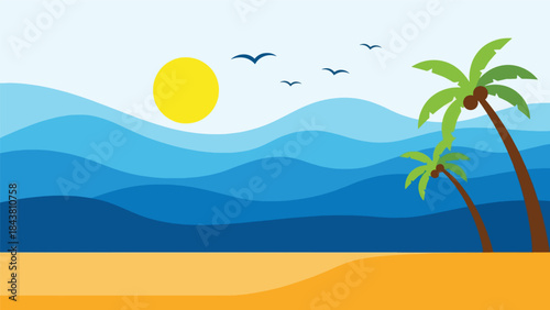 Calm flat vector seascape with layered waves, sun, and soft geometric curves in solid colors, ideal for coastal posters, meditation visuals, branding, and minimalist decor