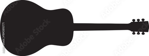 Black Silhouette of an Acoustic Guitar with Six Strings and Tuning Pegs also transparent background