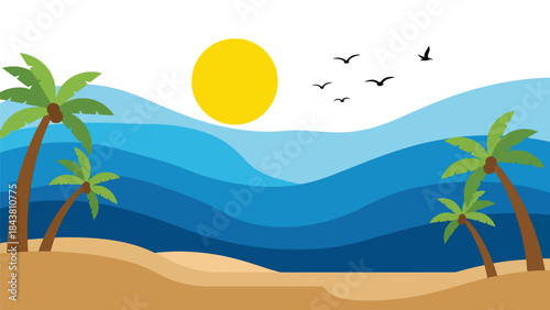 Calm flat vector seascape with layered waves, sun, and soft geometric curves in solid colors, ideal for coastal posters, meditation visuals, branding, and minimalist decor