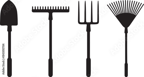 Four Black Gardening Tools Shown in Silhouette Including Shovel, Rake, Pitchfork, and Leaf Rake also transparent background