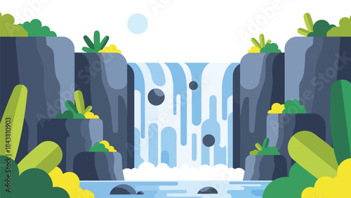 Modern flat vector waterfall landscape with cliffs, plants, and flowing shapes in solid cool tones, ideal for nature posters, relaxation visuals, and clean scenic illustrations