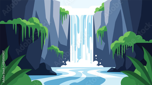 Modern flat vector waterfall landscape with cliffs, plants, and flowing shapes in solid cool tones, ideal for nature posters, relaxation visuals, and clean scenic illustrations