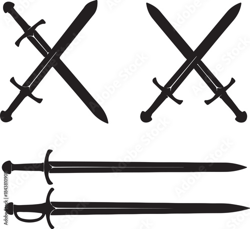 Two pairs of crossed swords and two individual swords in black and white also transparent background