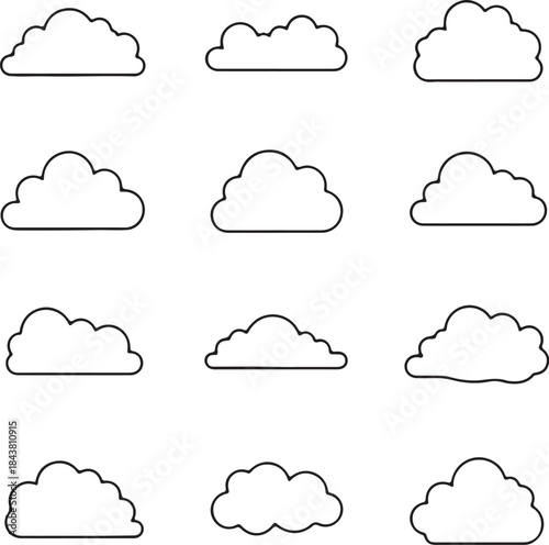 Twelve black and white cloud outlines arranged in a grid pattern also transparent background