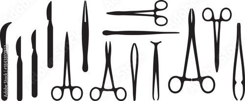 Various black and white medical instruments including scissors and forceps also transparent background