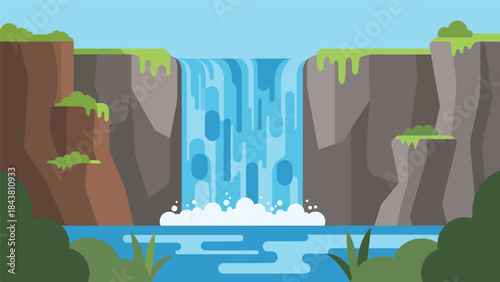 Modern flat vector waterfall landscape with cliffs, plants, and flowing shapes in solid cool tones, ideal for nature posters, relaxation visuals, and clean scenic illustrations