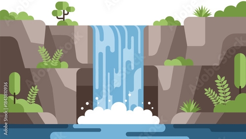 Modern flat vector waterfall landscape with cliffs, plants, and flowing shapes in solid cool tones, ideal for nature posters, relaxation visuals, and clean scenic illustrations