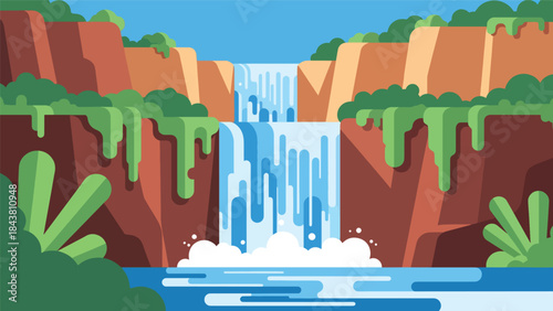 Modern flat vector waterfall landscape with cliffs, plants, and flowing shapes in solid cool tones, ideal for nature posters, relaxation visuals, and clean scenic illustrations