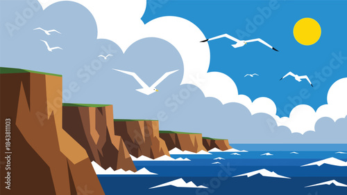 Flat vector coastal cliffs with waves, sun, and geometric rock formations in solid marine tones, ideal for travel posters, editorial layouts, branding, and nature-themed decor