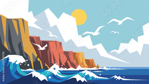 Flat vector coastal cliffs with waves, sun, and geometric rock formations in solid marine tones, ideal for travel posters, editorial layouts, branding, and nature-themed decor