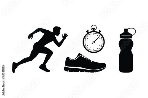 A collection of running and fitness icons, including a runner, stopwatch, shoe, and water bottle silhouette