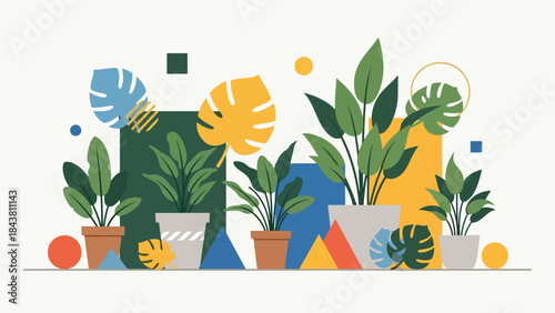 Modern flat botanical still life with potted plants, leaf shapes, and simple geometric forms in solid tones, ideal for home decor, editorial graphics, packaging, and modern branding