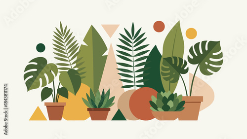 Modern flat botanical still life with potted plants, leaf shapes, and simple geometric forms in solid tones, ideal for home decor, editorial graphics, packaging, and modern branding