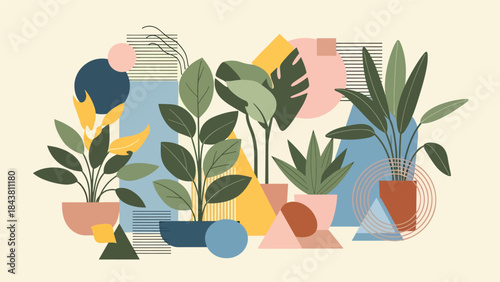 Modern flat botanical still life with potted plants, leaf shapes, and simple geometric forms in solid tones, ideal for home decor, editorial graphics, packaging, and modern branding