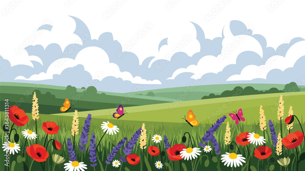 Obraz premium Bright flat vector meadow scene with flowers, butterflies, and rolling hills in solid colors, ideal for spring graphics, children’s illustrations, posters, and cheerful nature visuals
