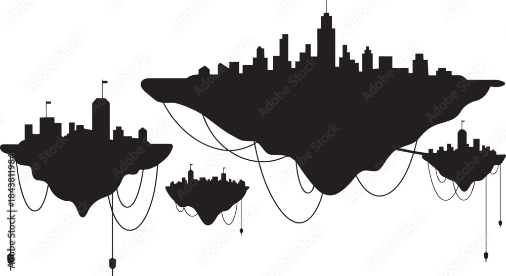 Obraz premium Fantasy floating islands city skyline with buildings and connecting wires on clouds