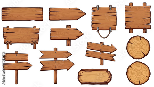 Wooden vector plank sign board set, UI game timber texture menu arrow panels isolated on white. Cartoon western road information empty pointer kit, announcement frame design element. Wooden sign