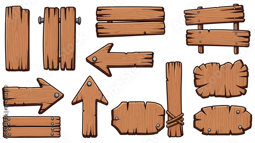 Wooden vector plank sign board set, UI game timber texture menu arrow panels isolated on white. Cartoon western road information empty pointer kit, announcement frame design element. Wooden sign