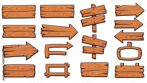 Wooden vector plank sign board set, UI game timber texture menu arrow panels isolated on white. Cartoon western road information empty pointer kit, announcement frame design element. Wooden sign