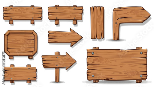 Wooden vector plank sign board set, UI game timber texture menu arrow panels isolated on white. Cartoon western road information empty pointer kit, announcement frame design element. Wooden sign