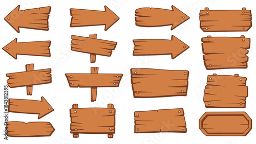 Wooden vector plank sign board set, UI game timber texture menu arrow panels isolated on white. Cartoon western road information empty pointer kit, announcement frame design element. Wooden sign