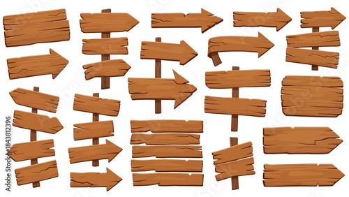 Wooden vector plank sign board set, UI game timber texture menu arrow panels isolated on white. Cartoon western road information empty pointer kit, announcement frame design element. Wooden sign
