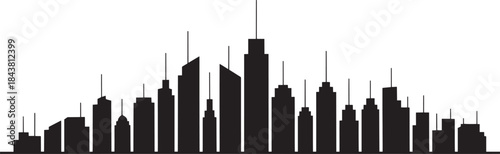 Urban city silhouette with various skyscrapers and buildings against transparent background