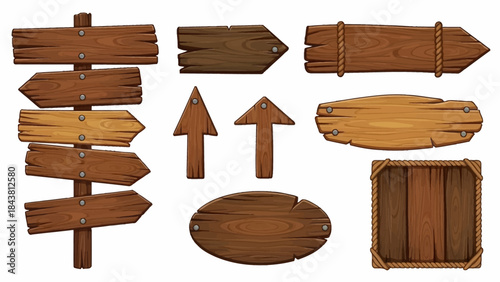 Wooden vector plank sign board set, UI game timber texture menu arrow panels isolated on white. Cartoon western road information empty pointer kit, announcement frame design element. Wooden sign