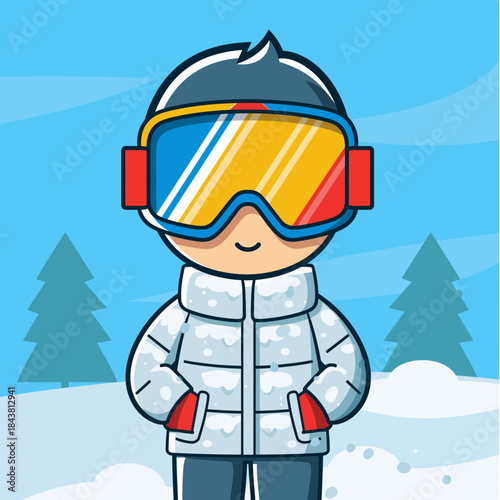Cute cartoon character wearing colorful ski goggles and a white puffer jacket in a snowy winter landscape with pine trees.