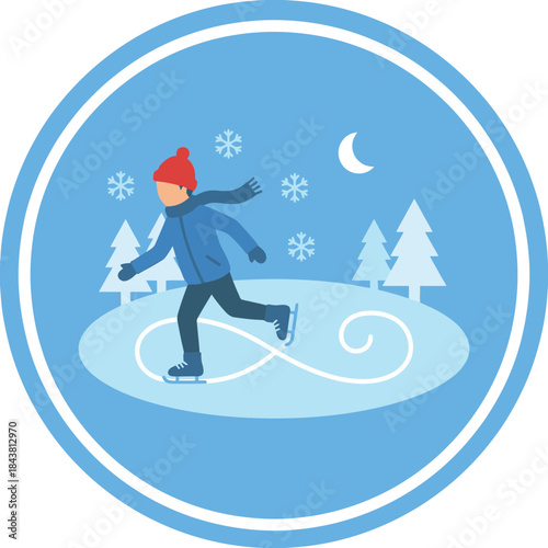 Illustration of a person ice skating on a frozen pond at night with snowflakes falling and pine trees in the background.