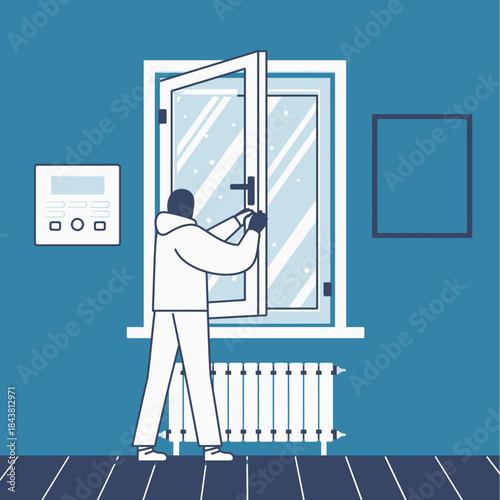 A person in warm clothes opening a window to the snowy outside, with a radiator and thermostat inside.