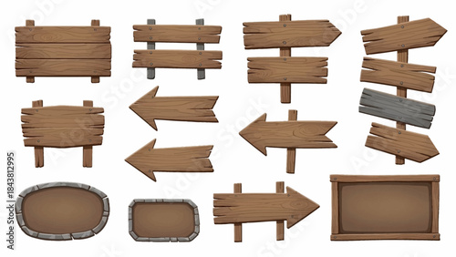 Wooden vector plank sign board set, UI game timber texture menu arrow panels isolated on white. Cartoon western road information empty pointer kit, announcement frame design element. Wooden sign